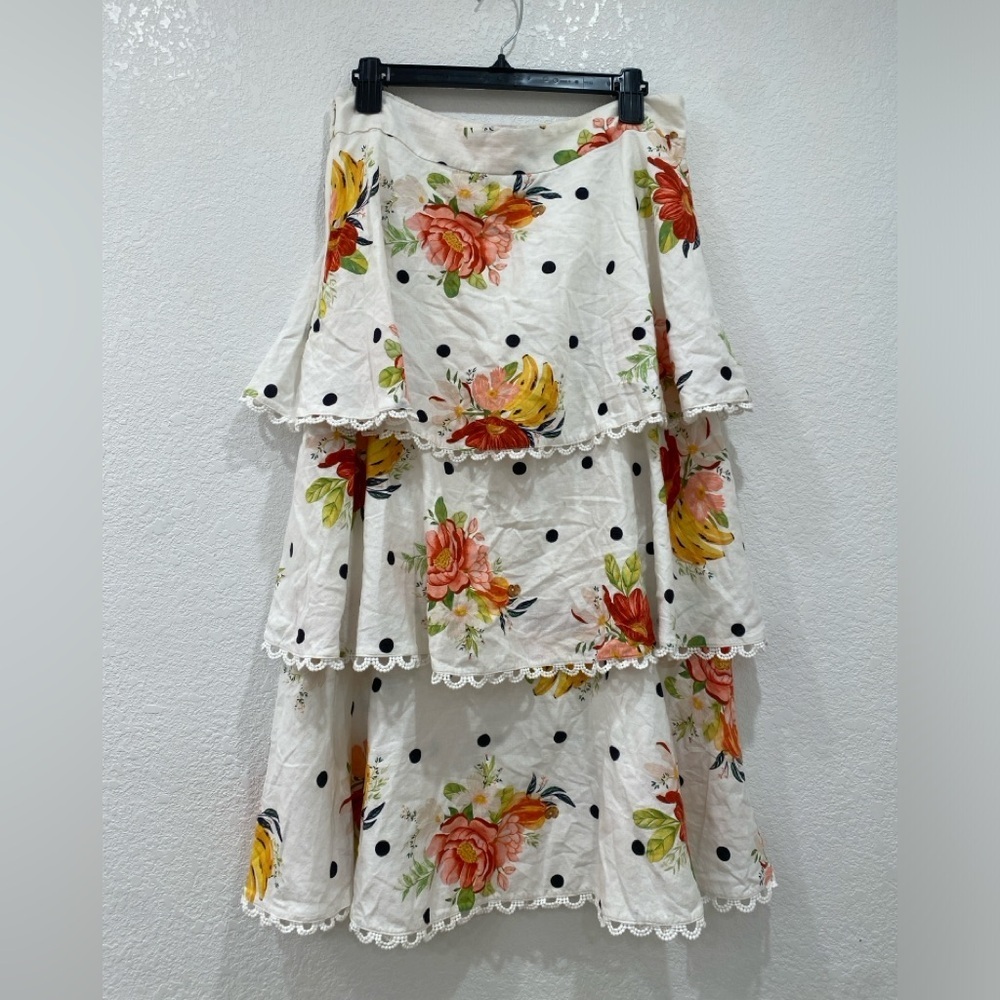 FARM RIO NANAJU MIDI SKIRT embroidered trim tiered size L - Picture 3 of 8